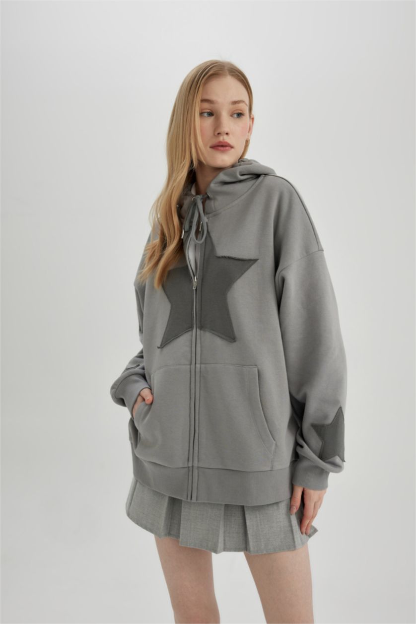 FEMME Gris Clair Sweat à Capuche Oversize Molleton Épais Imprimé