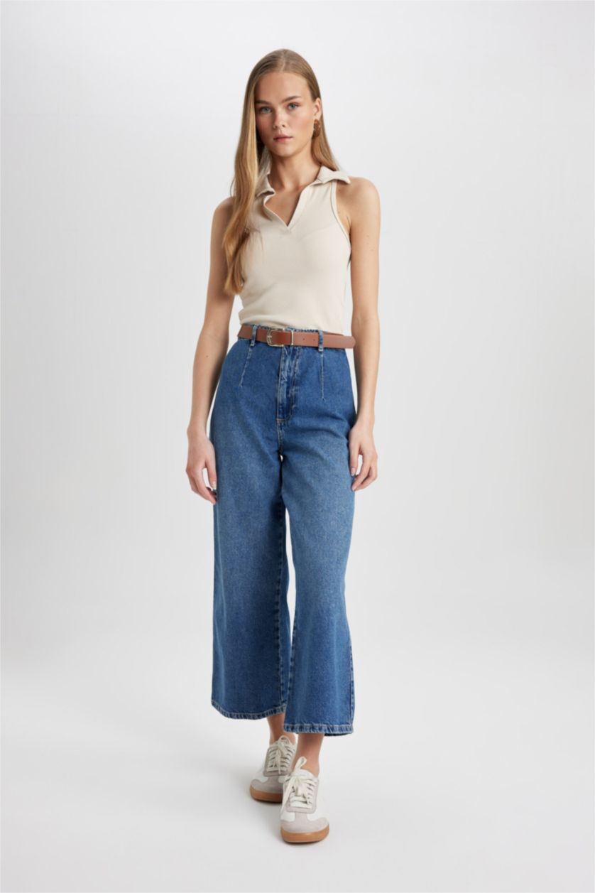 WOMAN Blue Culotte High Waist Ankle Length Wide Leg Jeans