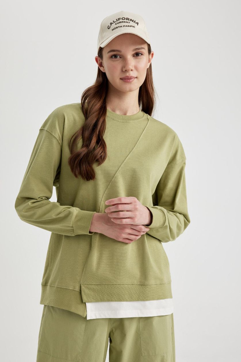 Woman Green Regular Fit Crew Neck Basic Sweatshirt Tunic