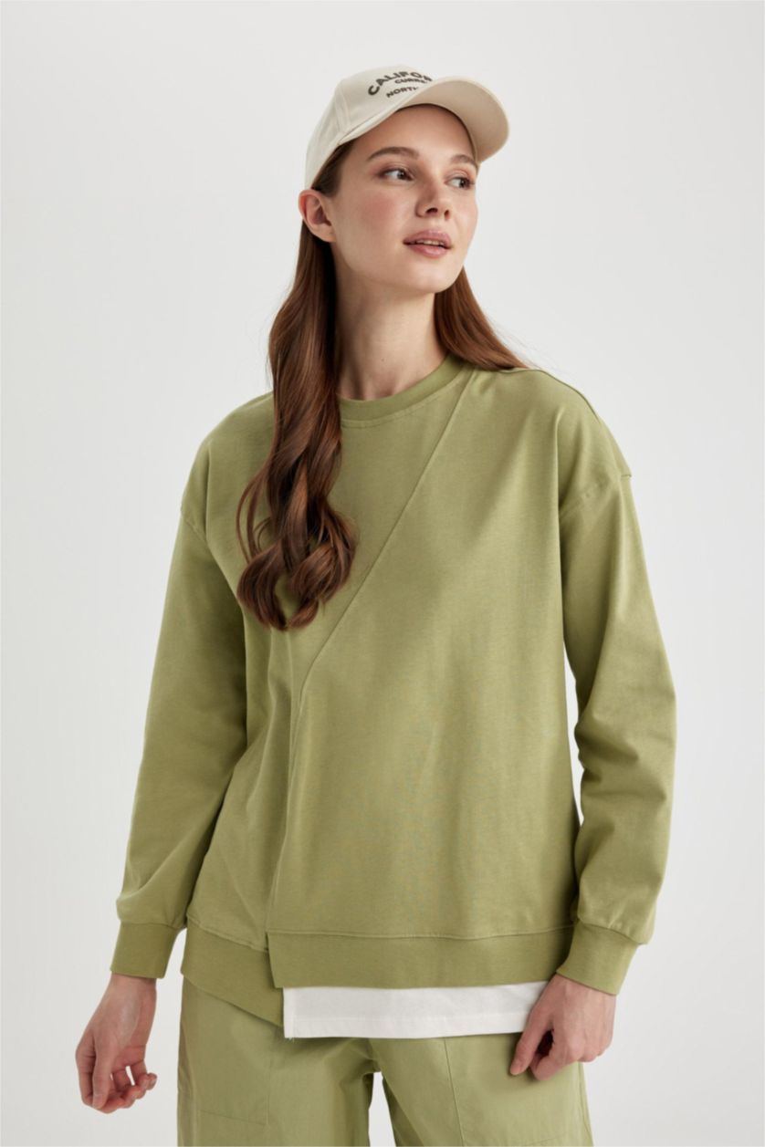 Woman Green Regular Fit Crew Neck Basic Sweatshirt Tunic