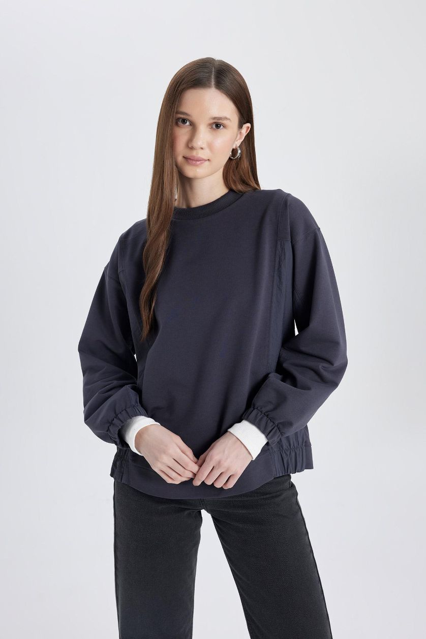 Woman Anthracite Regular Fit Crew Neck Basic Sweatshirt Tunic