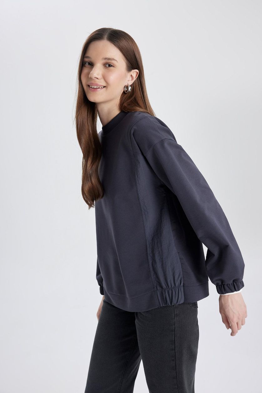 Woman Anthracite Regular Fit Crew Neck Basic Sweatshirt Tunic