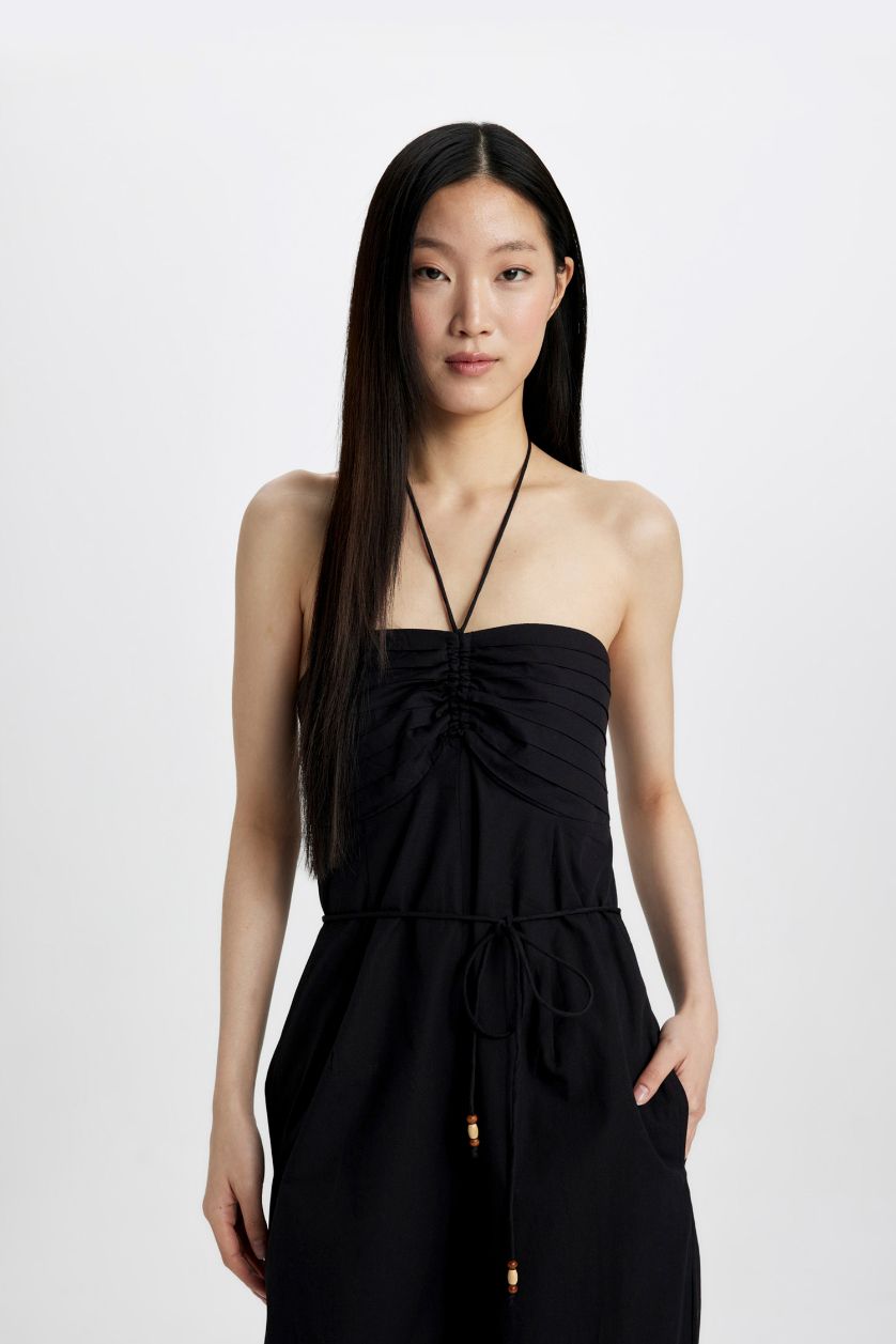 Kadın Siyah Straplez Poplin Geniş Paça Uzun Tulum