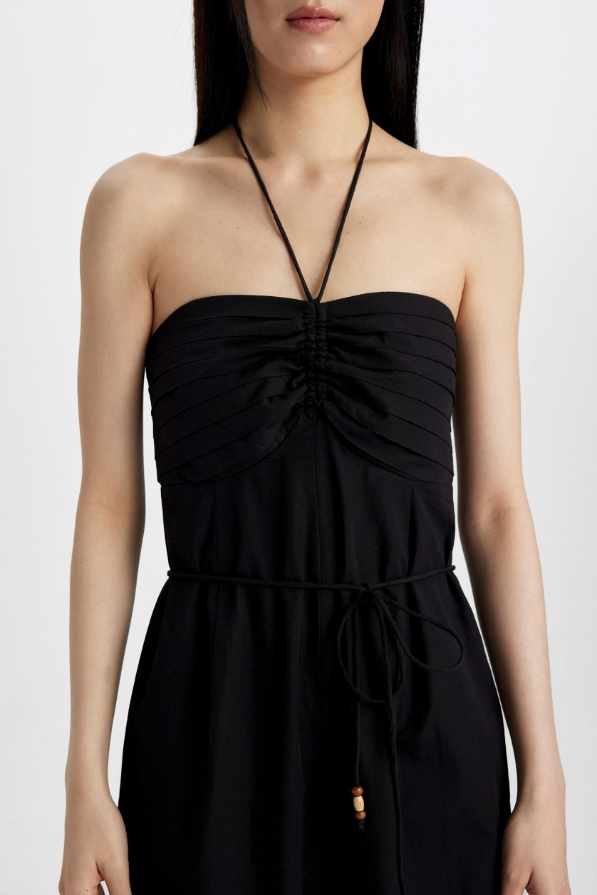 Kadın Siyah Straplez Poplin Geniş Paça Uzun Tulum