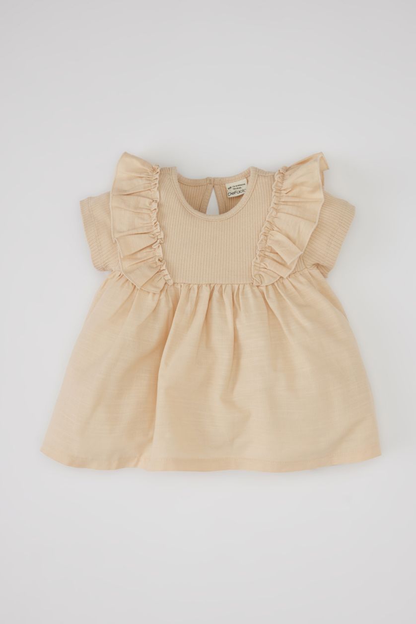 Kız Bebek Bej Kız Bebek Bisiklet Yaka Fitilli Kaşkorse Kısa Kollu Tişört