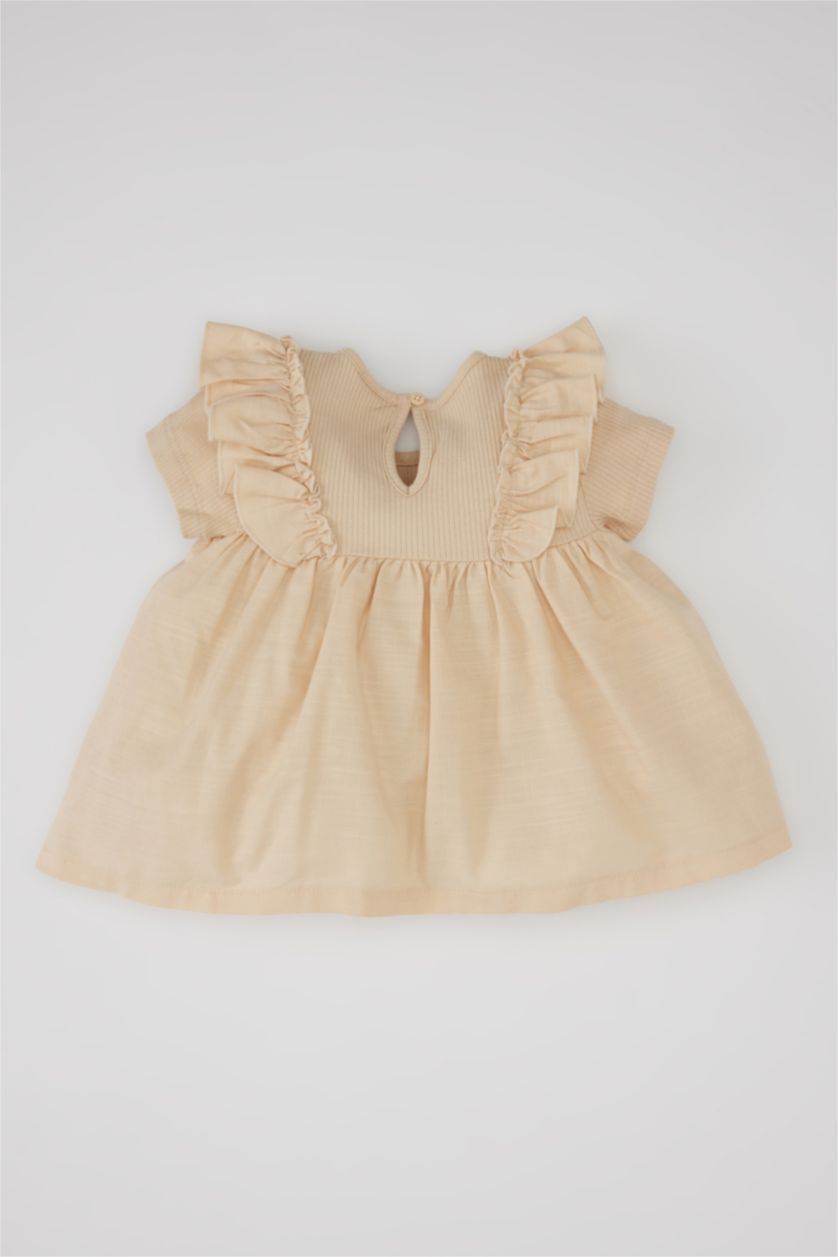 Kız Bebek Bej Kız Bebek Bisiklet Yaka Fitilli Kaşkorse Kısa Kollu Tişört