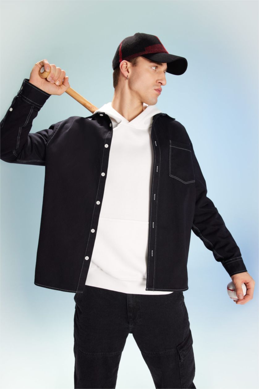 رجالي أسود قميص كم طويل قطن قصة مريحة