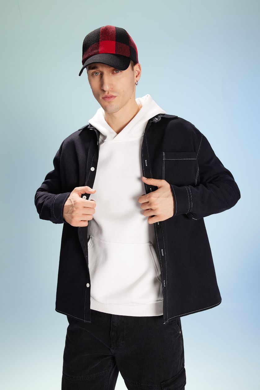 رجالي أسود قميص كم طويل قطن قصة مريحة