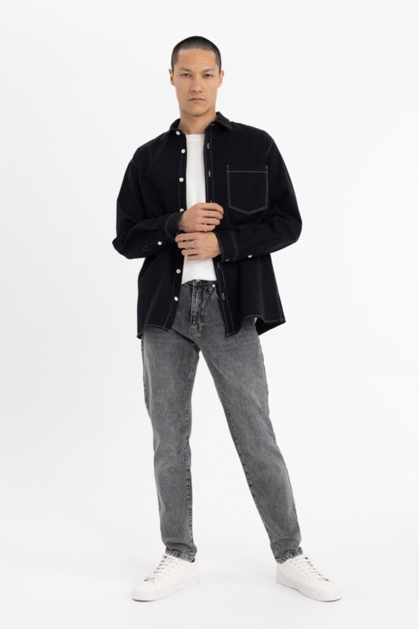 رجالي أسود قميص كم طويل قطن قصة مريحة