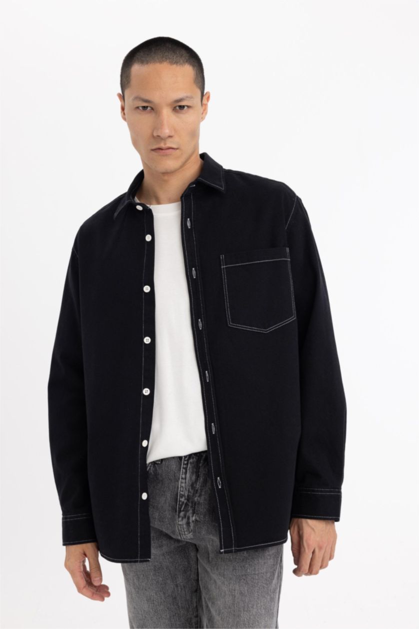 رجالي أسود قميص كم طويل قطن قصة مريحة