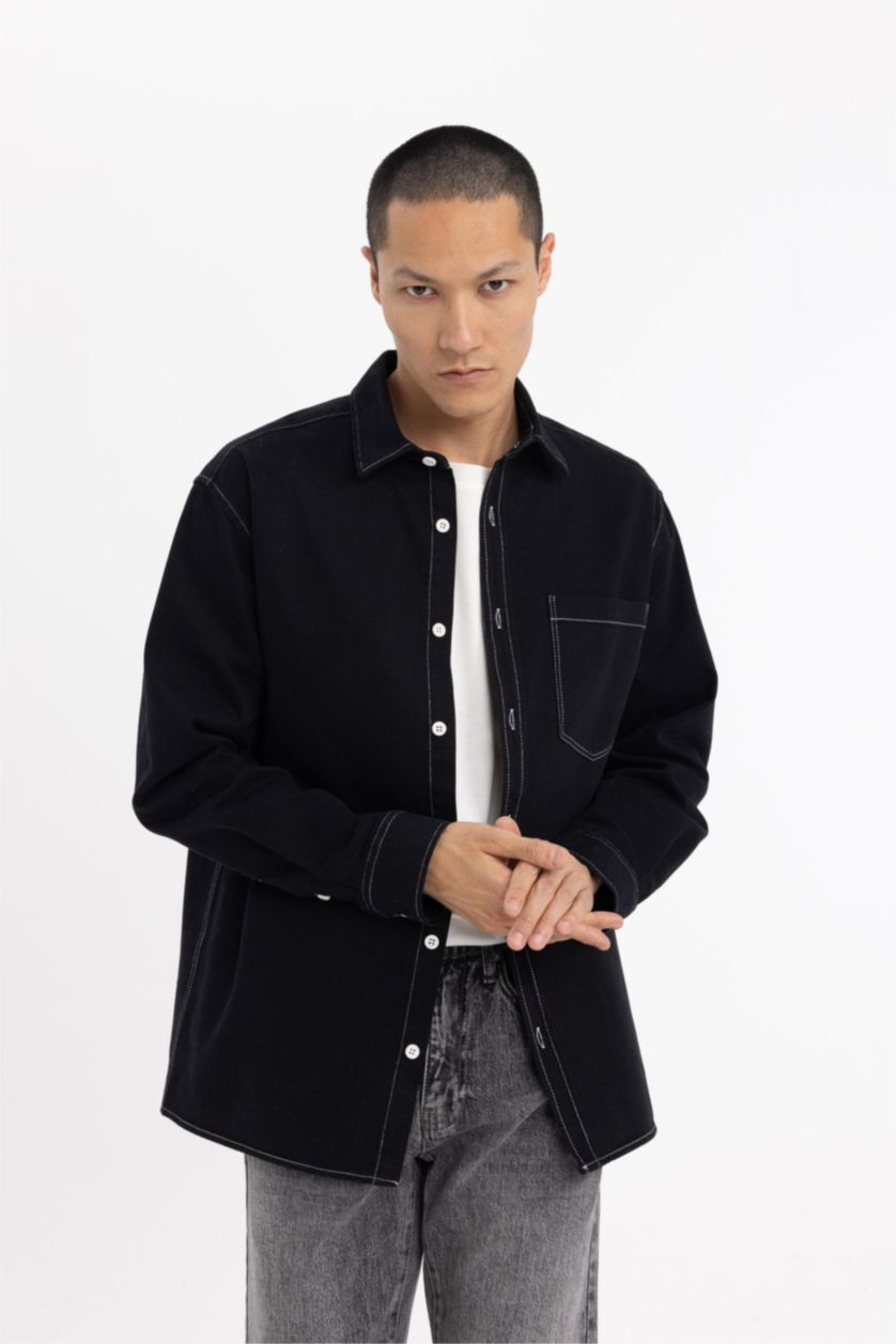 رجالي أسود قميص كم طويل قطن قصة مريحة