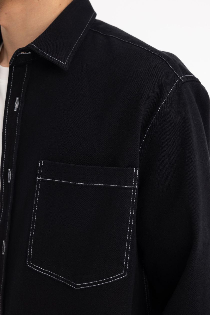 رجالي أسود قميص كم طويل قطن قصة مريحة