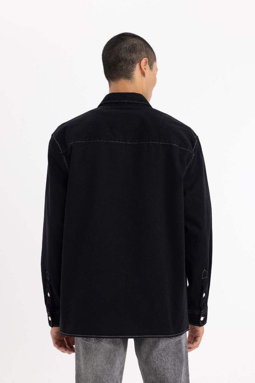 رجالي أسود قميص كم طويل قطن قصة مريحة