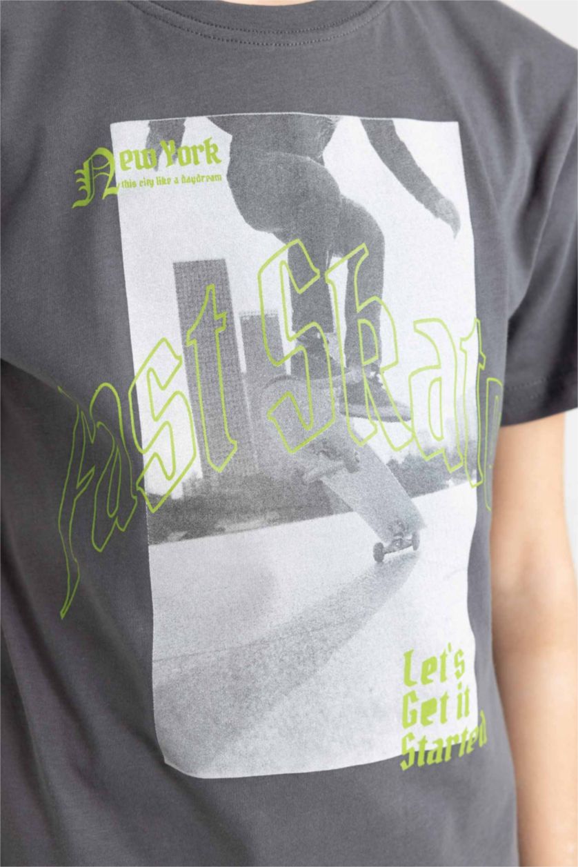 Erkek Çocuk - Genç Erkek Antrasit Bisiklet Yaka Baskılı Kısa Kollu Tişört Erkek Çocuk