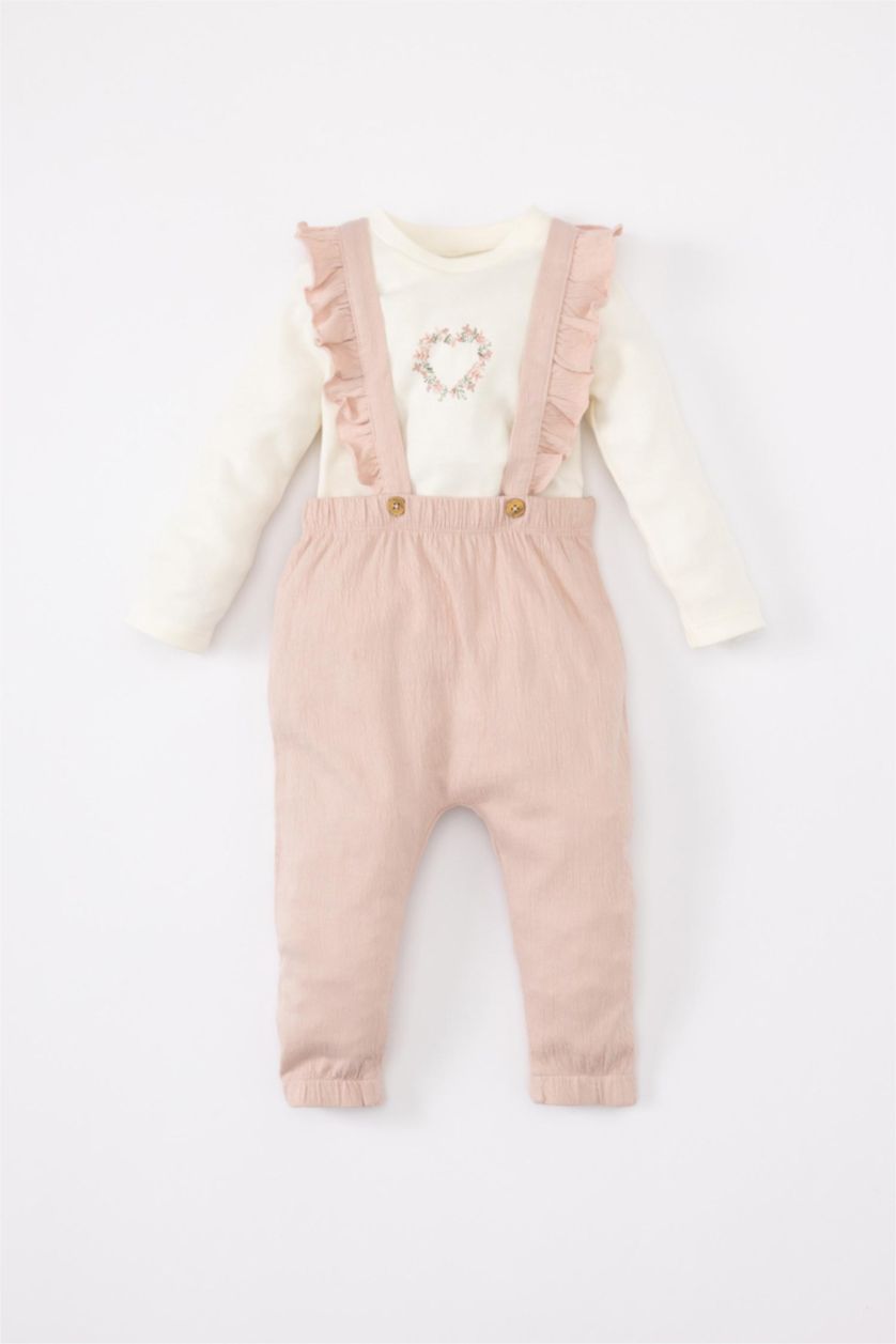 Kız Bebek Pembe Kız Bebek 2'li Takım Uzun Kollu Tişört  Krinkıl Kumaş Salopet