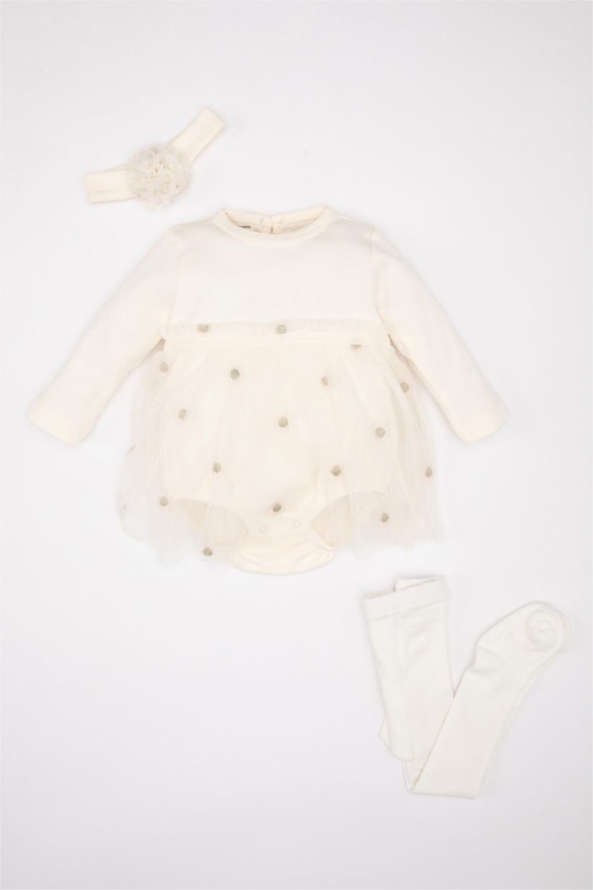 BABY GIRL White 3 piece Ribana Regular Fit Crew Neck Jumpsuit