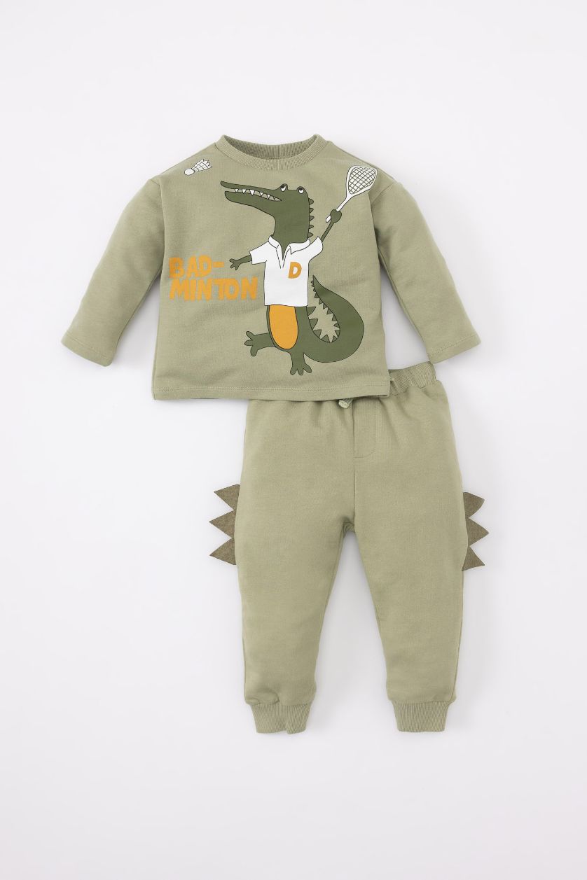 BABY BOY Light Khaki Baby Boy Dinosaur Printed Sweatshirt Sweatpants 2 Piece Set