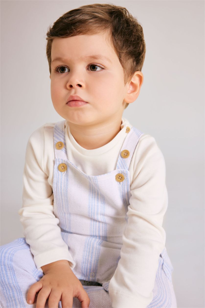 BABY BOY White Baby Boy Long Sleeve Woven T-Shirt Striped Salopet 2 Piece Set