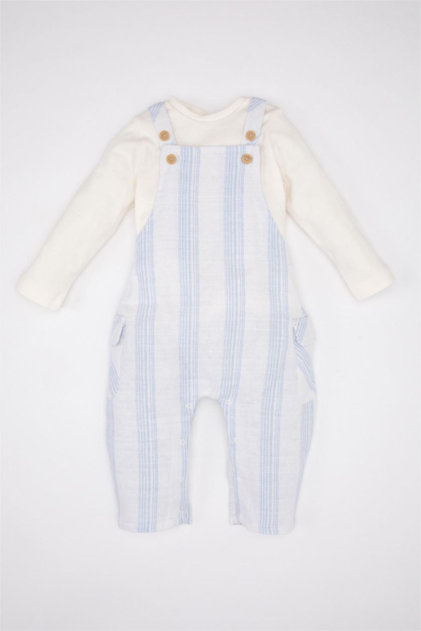 BABY BOY White Baby Boy Long Sleeve Woven T-Shirt Striped Salopet 2 Piece Set