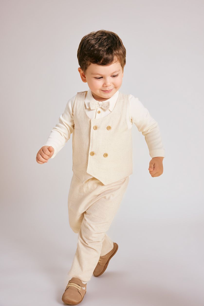 BÉBÉ GARÇON Blanc Ensemble pour Bébé Garçon de Body à Manches Longues, Pantalon en Lin à Boutons-Pression et Gilet - 3 Pièces