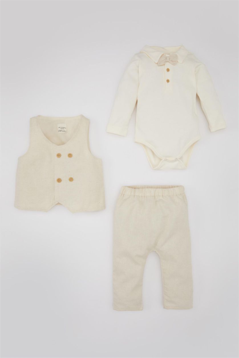 BÉBÉ GARÇON Blanc Ensemble pour Bébé Garçon de Body à Manches Longues, Pantalon en Lin à Boutons-Pression et Gilet - 3 Pièces