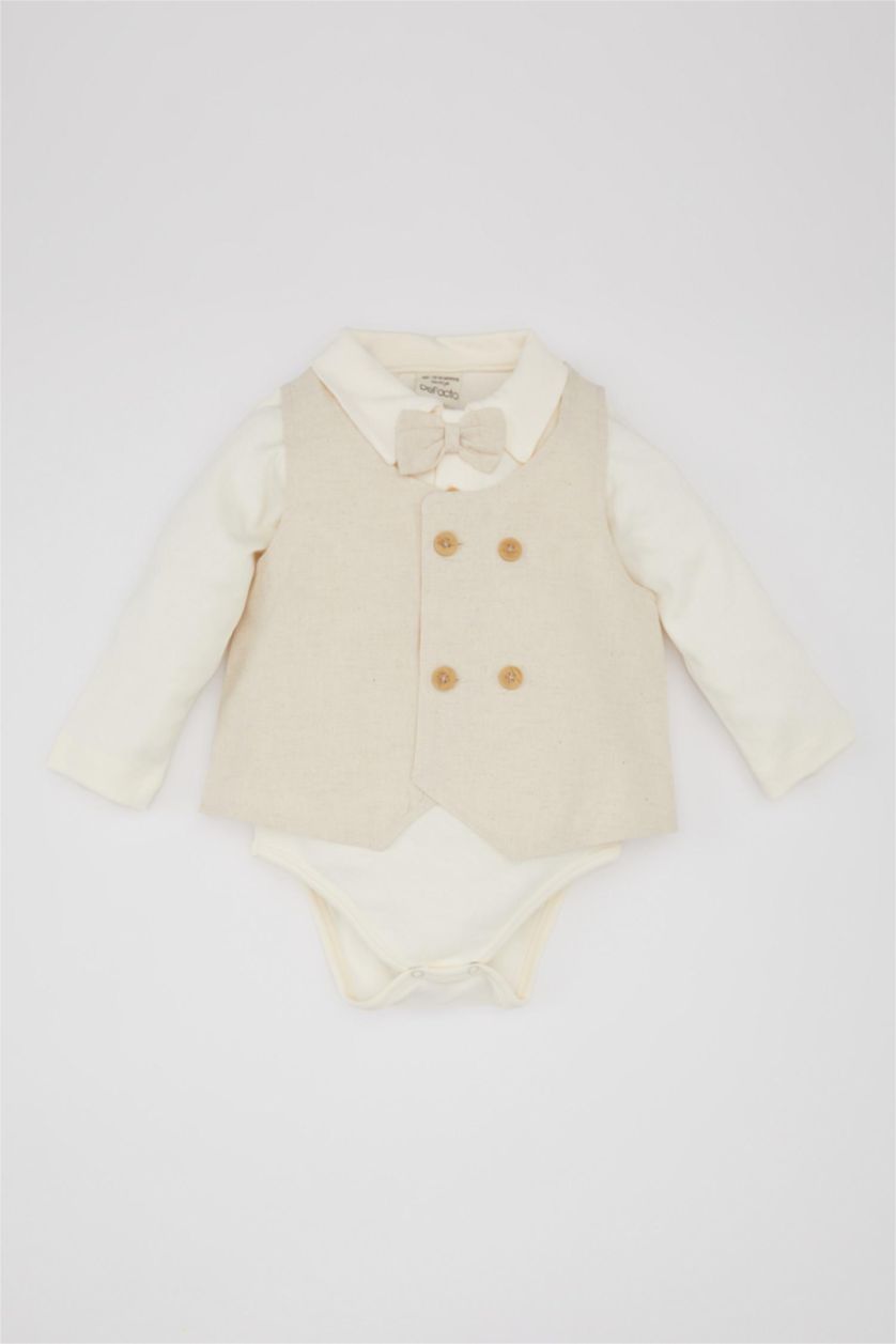 BÉBÉ GARÇON Blanc Ensemble pour Bébé Garçon de Body à Manches Longues, Pantalon en Lin à Boutons-Pression et Gilet - 3 Pièces
