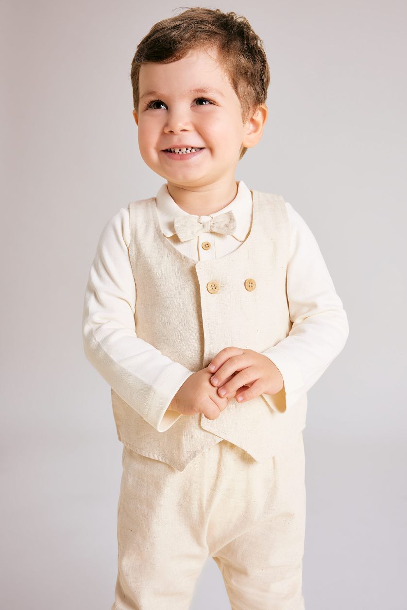 BÉBÉ GARÇON Blanc Ensemble pour Bébé Garçon de Body à Manches Longues, Pantalon en Lin à Boutons-Pression et Gilet - 3 Pièces