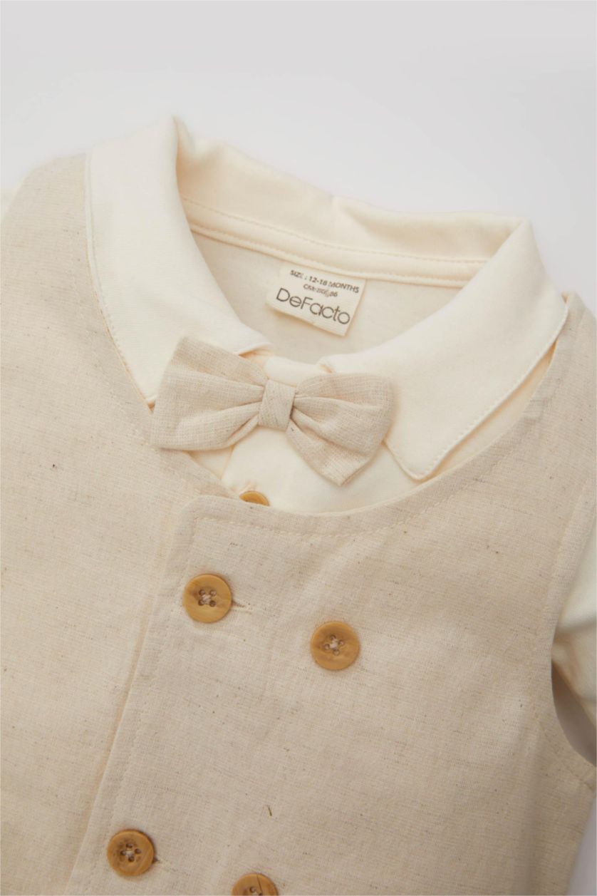 BÉBÉ GARÇON Blanc Ensemble pour Bébé Garçon de Body à Manches Longues, Pantalon en Lin à Boutons-Pression et Gilet - 3 Pièces