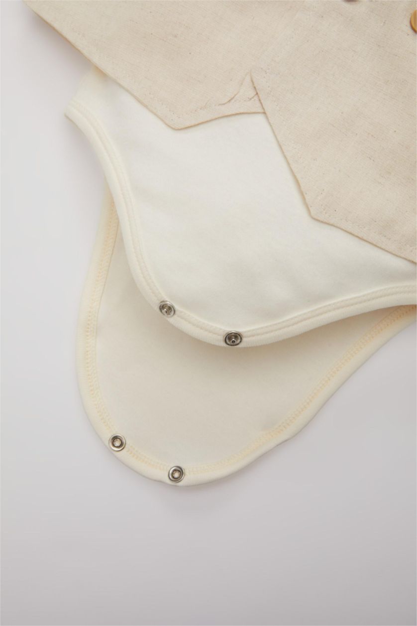 BÉBÉ GARÇON Blanc Ensemble pour Bébé Garçon de Body à Manches Longues, Pantalon en Lin à Boutons-Pression et Gilet - 3 Pièces