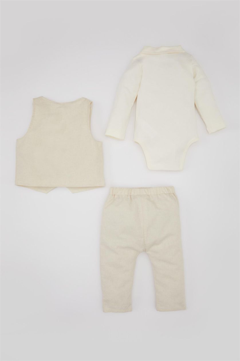 BÉBÉ GARÇON Blanc Ensemble pour Bébé Garçon de Body à Manches Longues, Pantalon en Lin à Boutons-Pression et Gilet - 3 Pièces