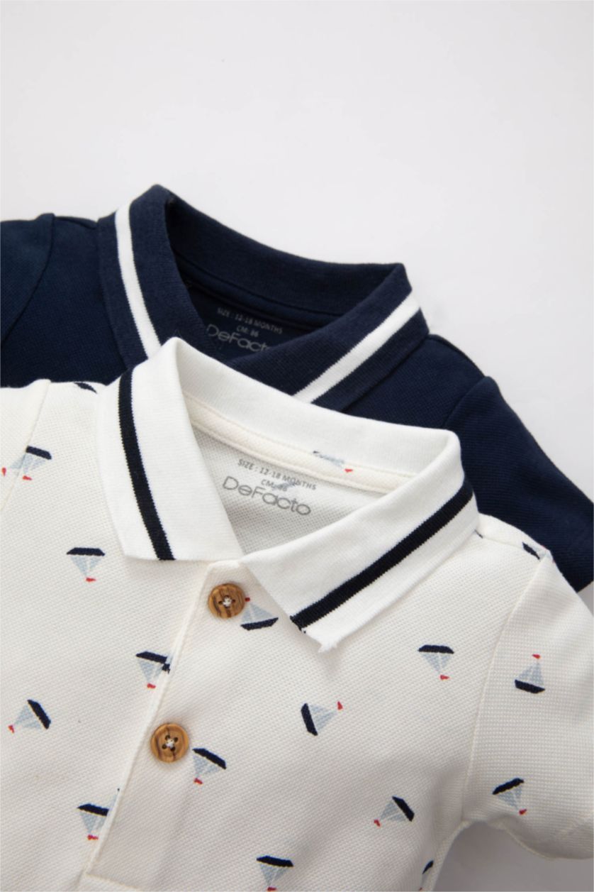 BABY BOY NAVY Baby Boy Newborn Polo Neck Sea Printed Pique 2 Piece Snap Body