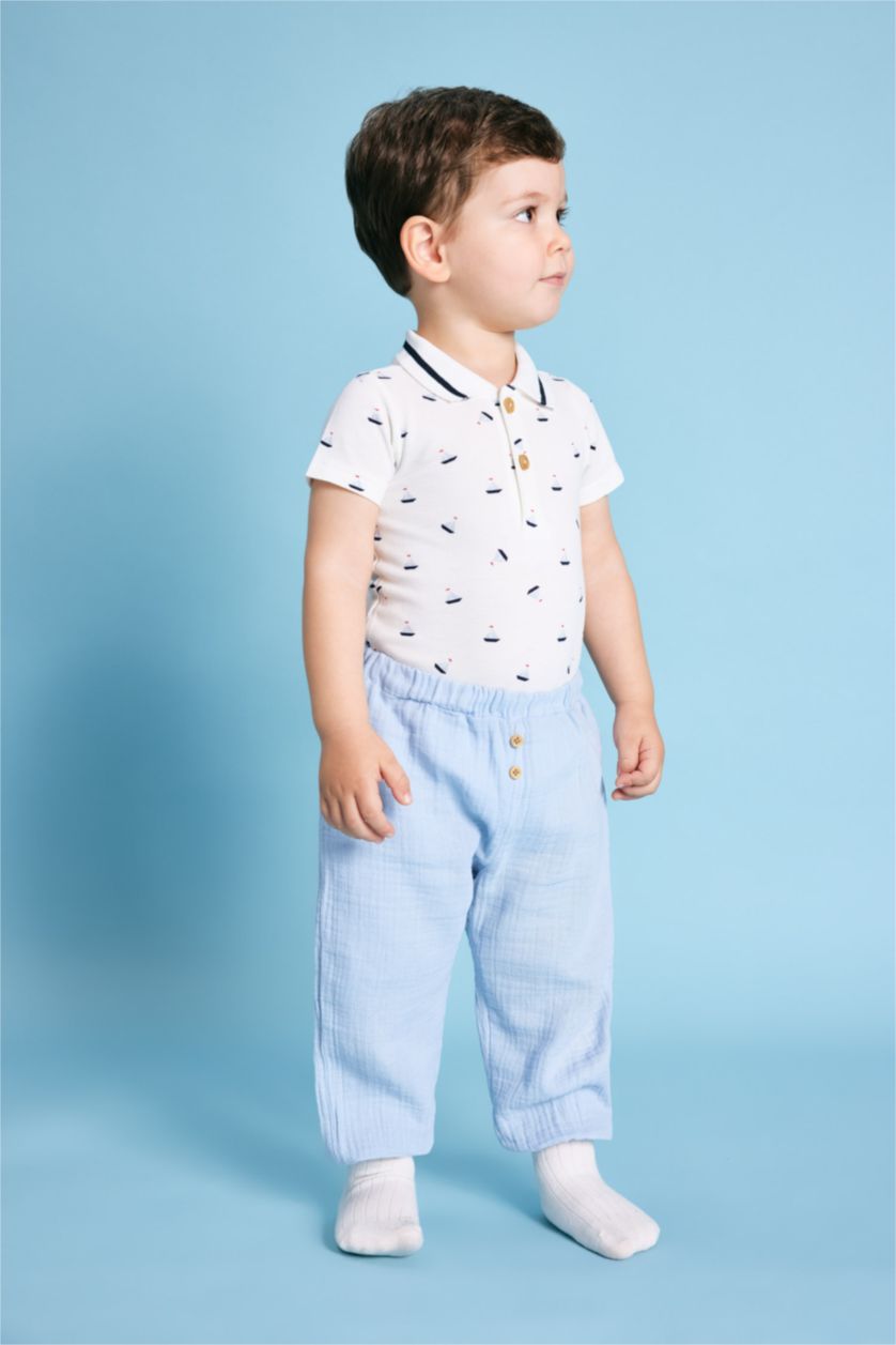 BABY BOY NAVY Baby Boy Newborn Polo Neck Sea Printed Pique 2 Piece Snap Body