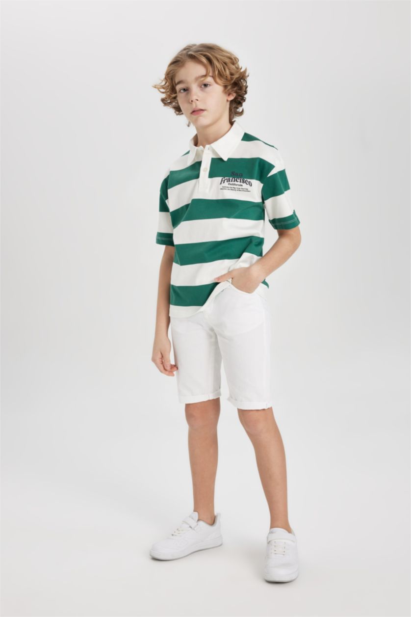 GARÇONS Vert T-Shirt Polo Oversize Col Rond à Manches Courtes à Rayures pour Garçon