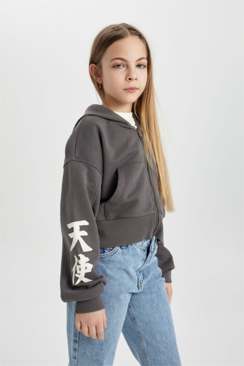 بنات رمادي داكن جاكيت اوفر سايز بغطاء للرأس