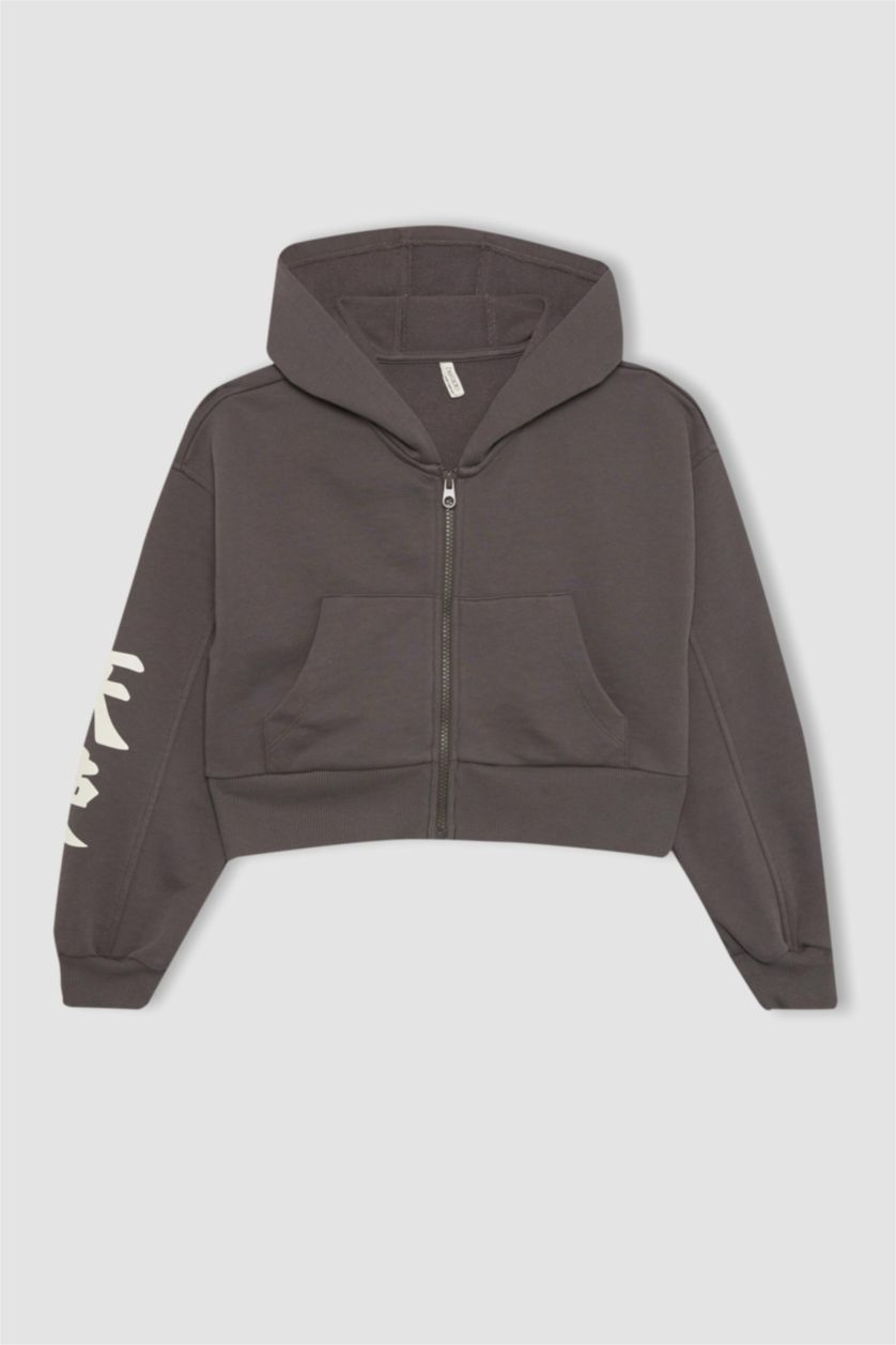 بنات رمادي داكن جاكيت اوفر سايز بغطاء للرأس