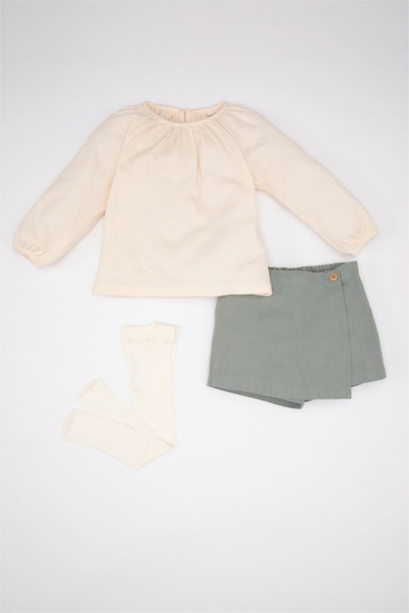 BÉBÉ FILLE Vert Clair Ensemble De Blouse, Short et Jupe Gabardine avec Chaussettes pour Bébé Fille - 3 Pièces