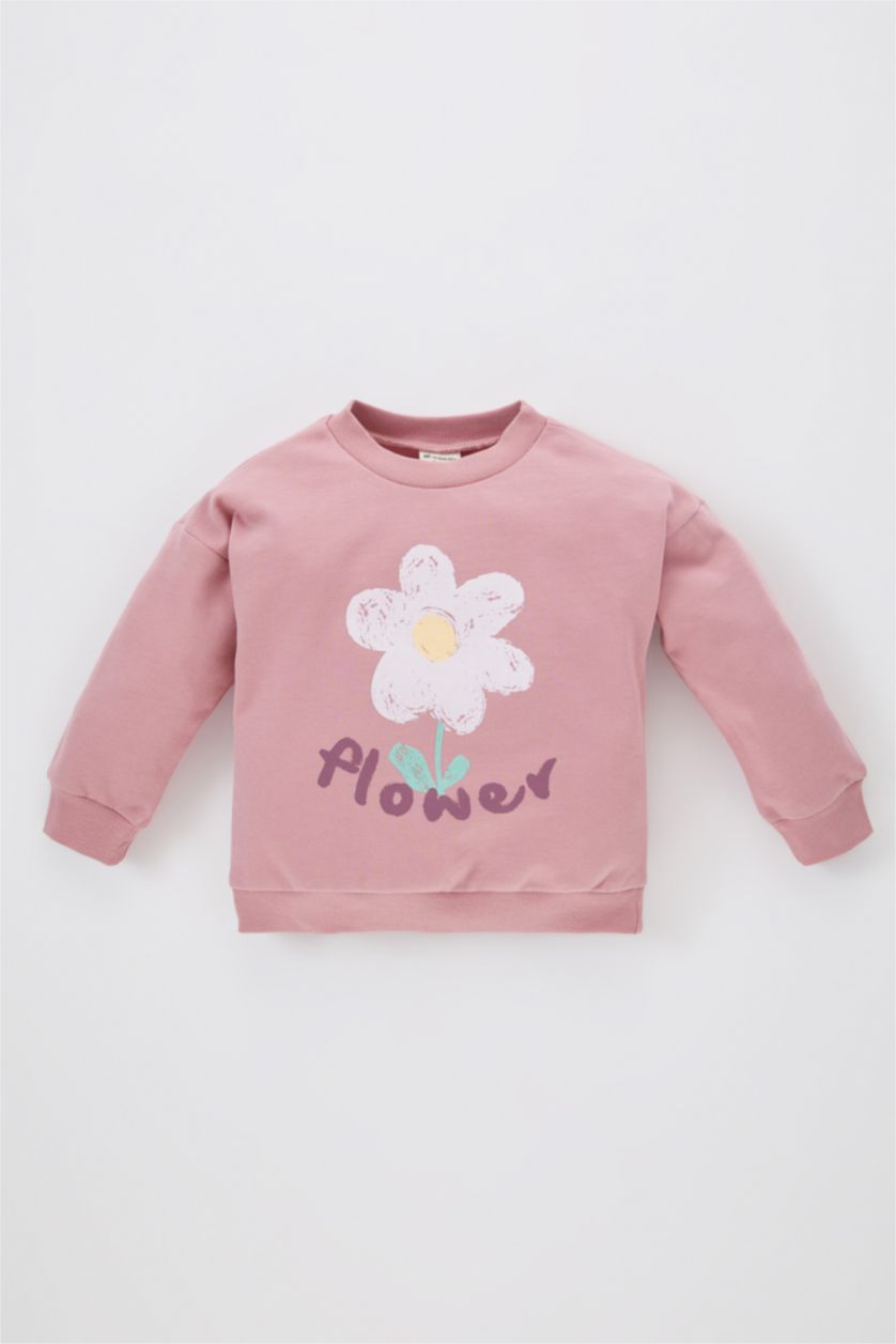 طفلة صغيرة وردي سويت شيرت بناتي فلورال قصة عادية ببطانة ناعمة