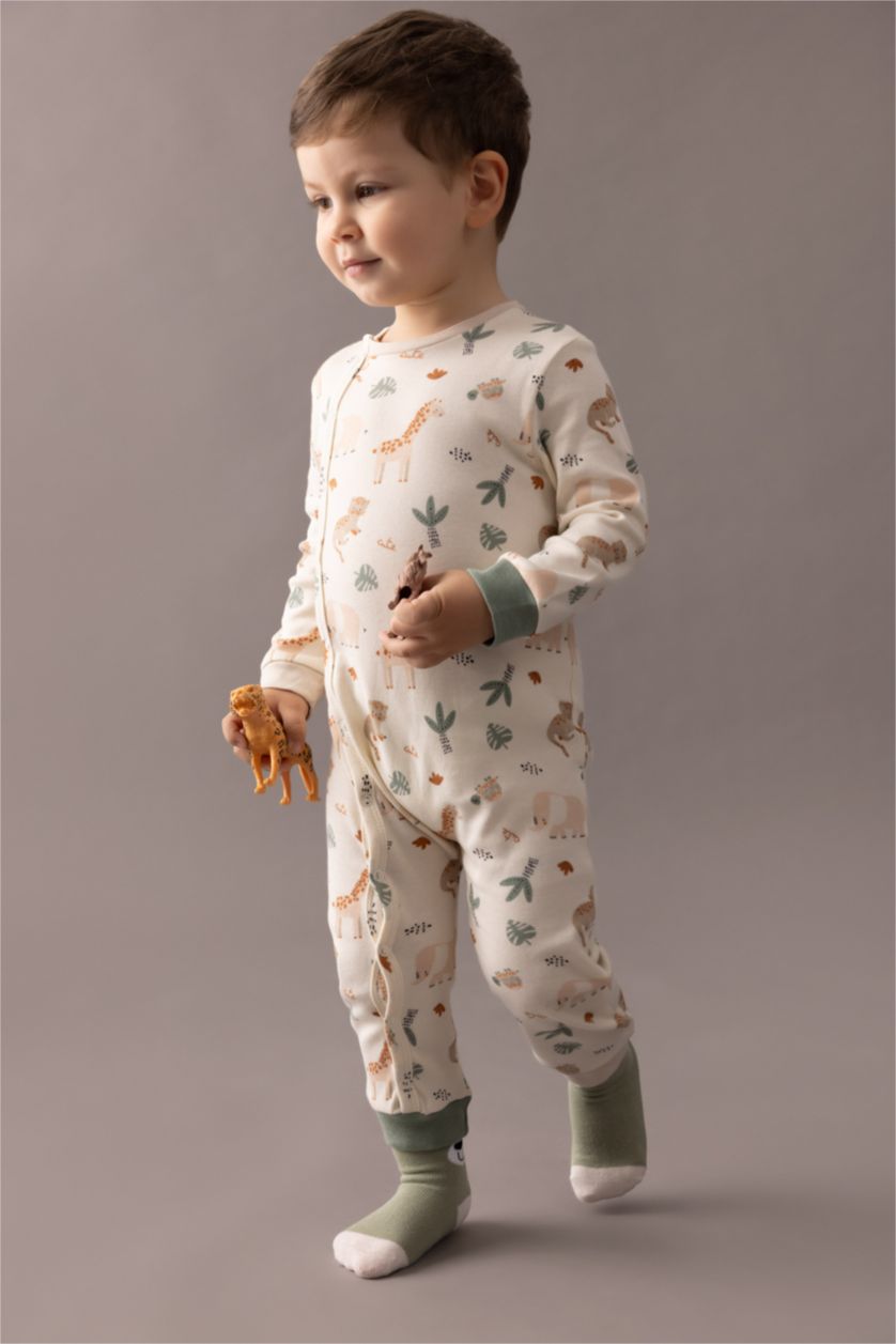 BABY BOY White Baby Boy Newborn Safari Printed Premium Jumpsuit