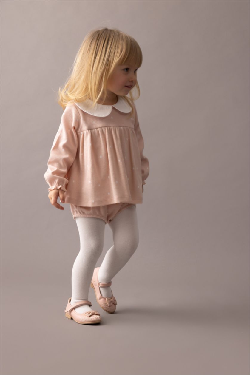 Kız Bebek Gülkurusu Kız Bebek Yeni Doğan 2'li Takım Puantiye Waffle Uzun Kollu Tulum Elbise Külotlu Çorap