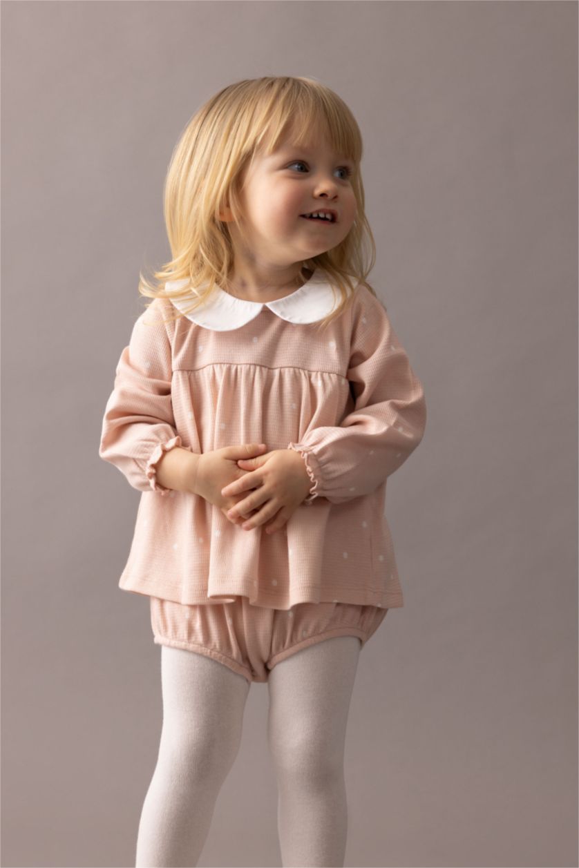 Kız Bebek Gülkurusu Kız Bebek Yeni Doğan 2'li Takım Puantiye Waffle Uzun Kollu Tulum Elbise Külotlu Çorap