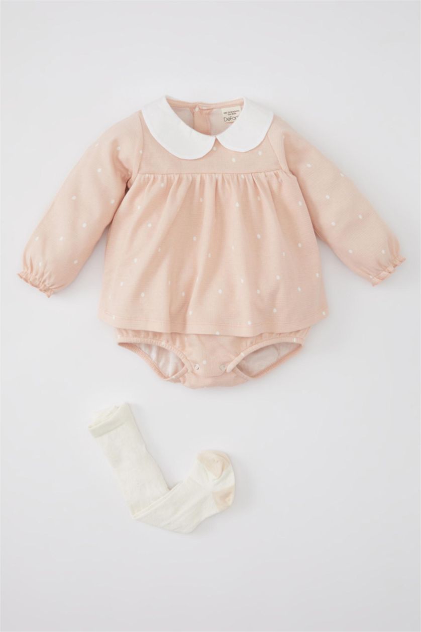 Kız Bebek Gülkurusu Kız Bebek Yeni Doğan 2'li Takım Puantiye Waffle Uzun Kollu Tulum Elbise Külotlu Çorap