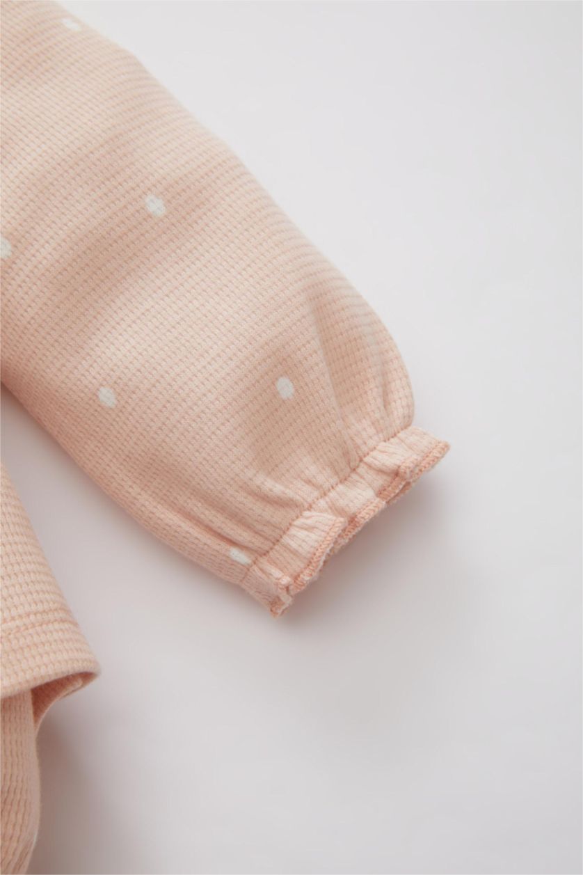 Kız Bebek Gülkurusu Kız Bebek Yeni Doğan 2'li Takım Puantiye Waffle Uzun Kollu Tulum Elbise Külotlu Çorap