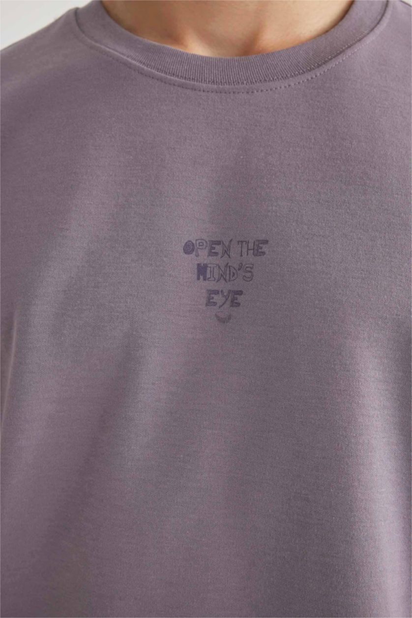 رجال أرجواني تيشيرت محبوك بطبعة شعار قصة فضفاضة