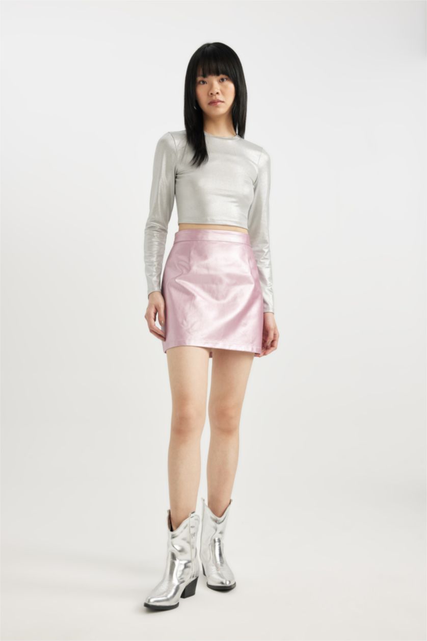 Kadın Pembe A Kesim Pembe Parlak Mini Etek