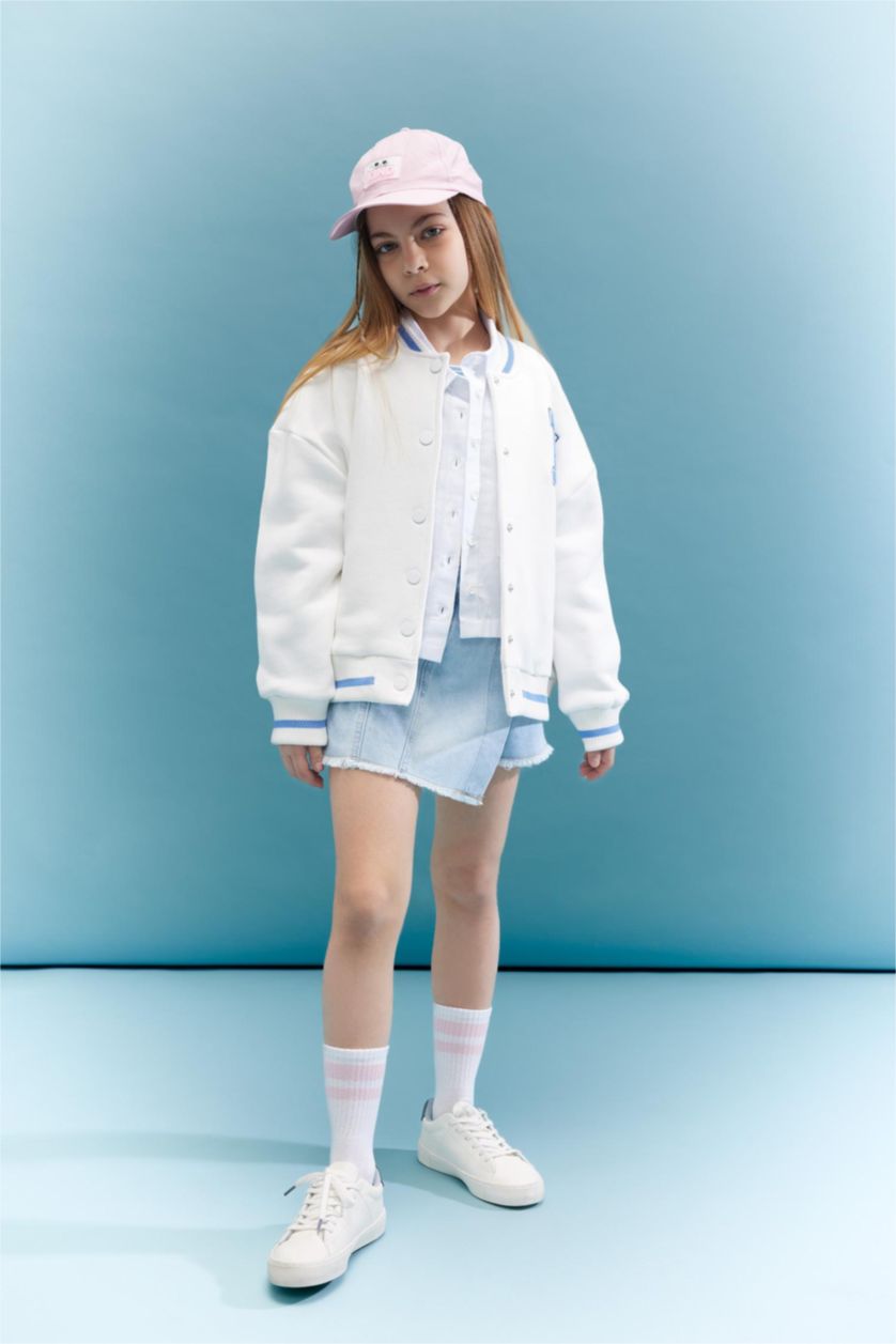 Girls & Teens Ecru Girl College Collar Thick Soft Lined Bomber Cardigan
