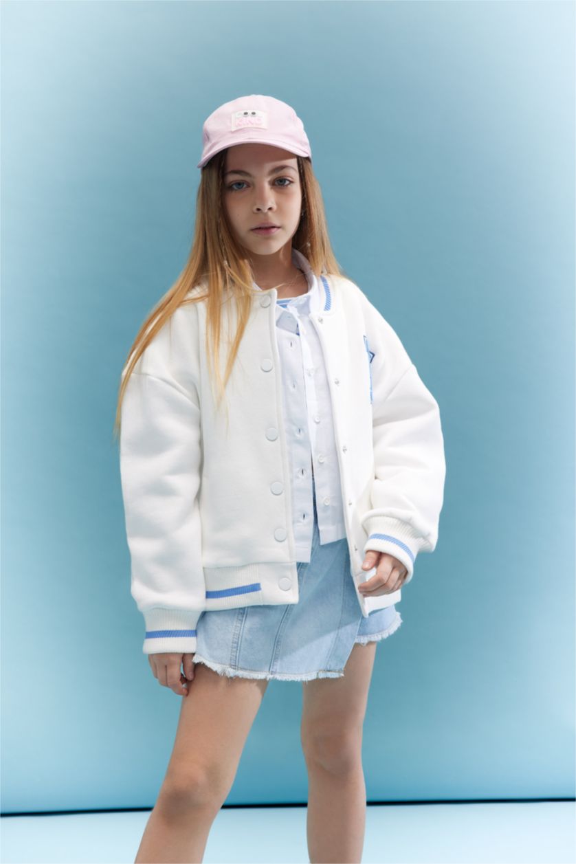 Girls & Teens Ecru Girl College Collar Thick Soft Lined Bomber Cardigan