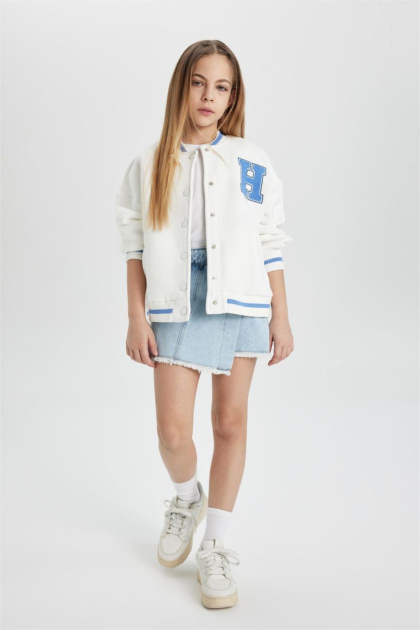 Girls & Teens Ecru Girl College Collar Thick Soft Lined Bomber Cardigan