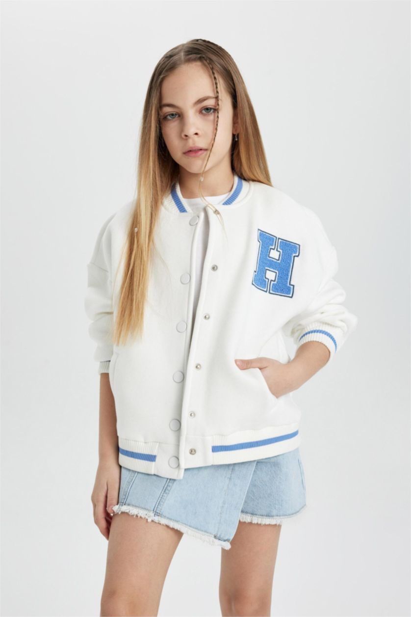 Girls & Teens Ecru Girl College Collar Thick Soft Lined Bomber Cardigan