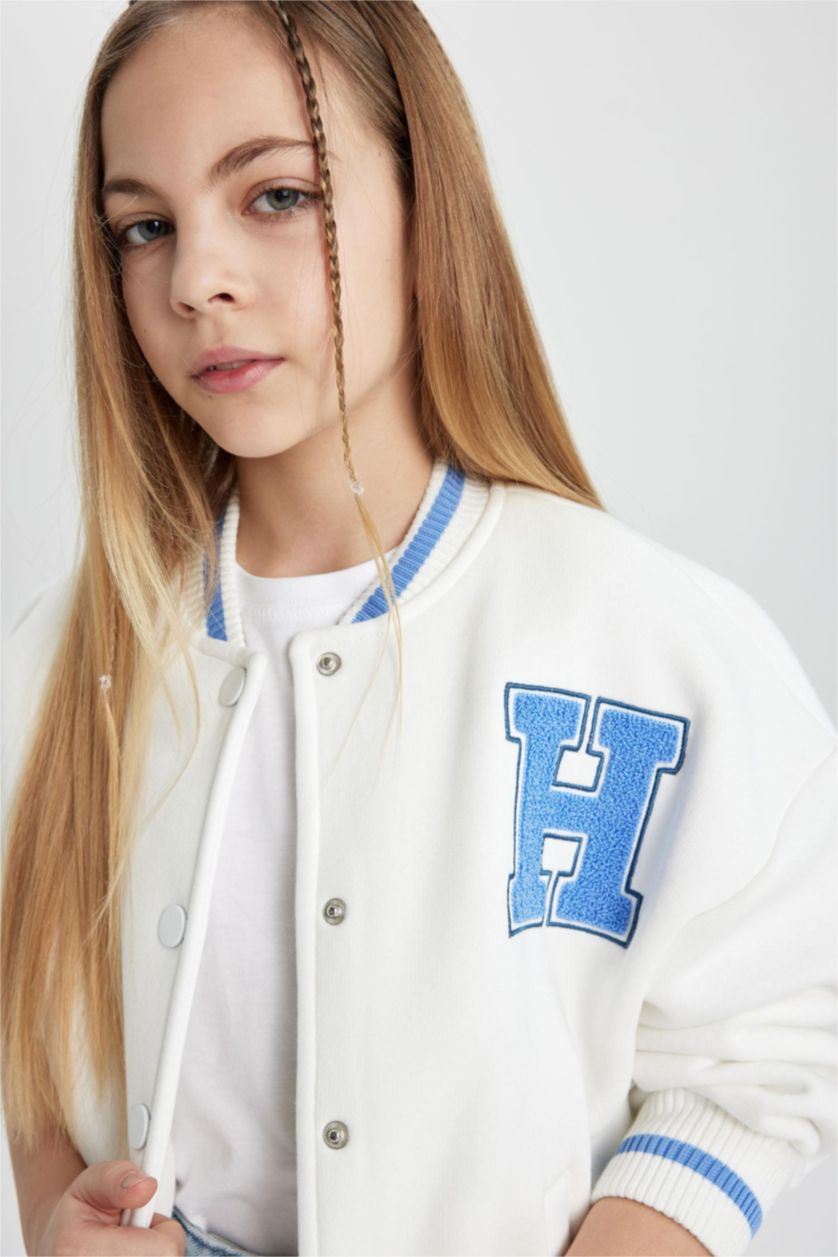 Girls & Teens Ecru Girl College Collar Thick Soft Lined Bomber Cardigan