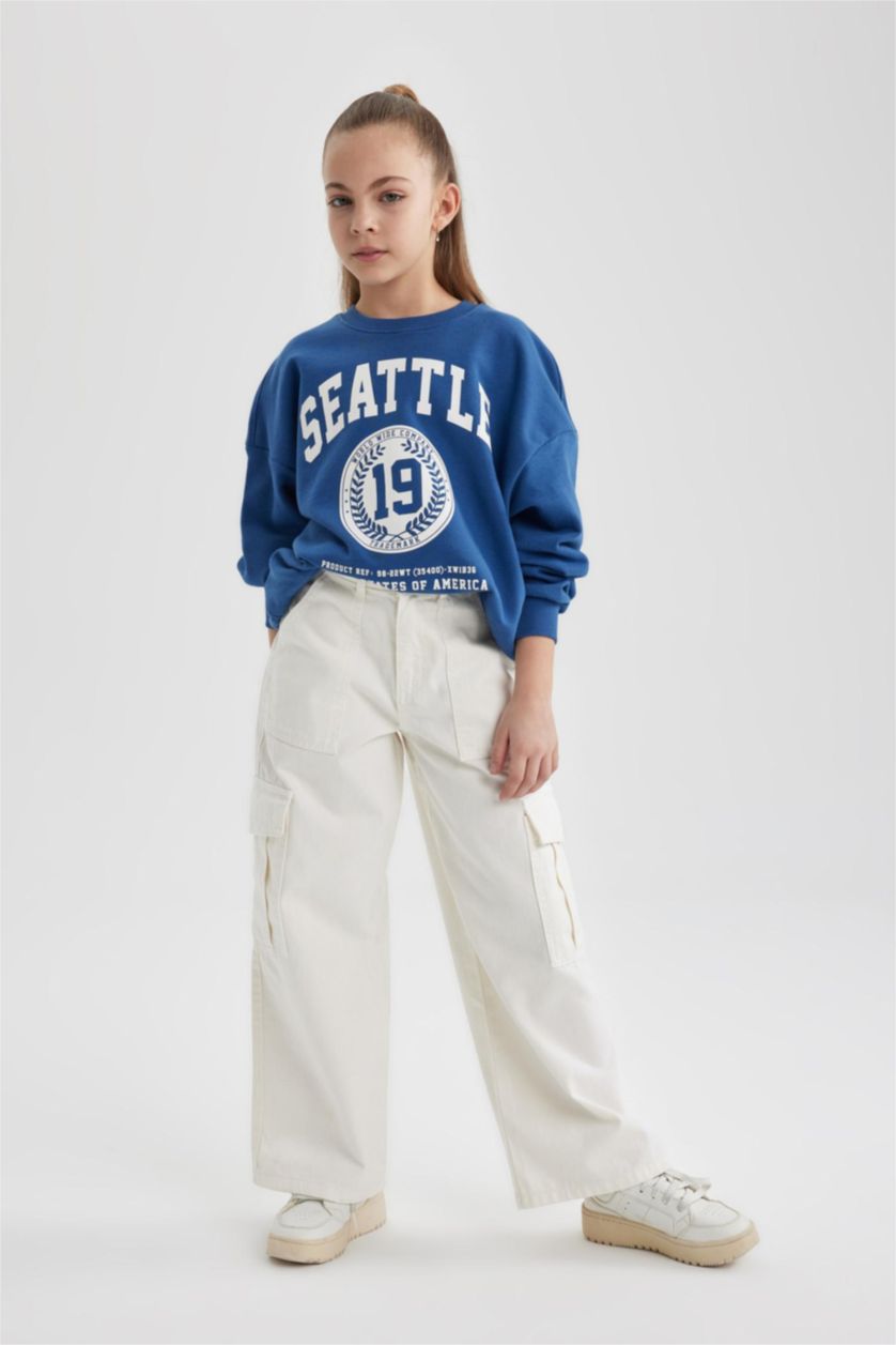 GIRLS & TEENS Blue Girl Oversize Fit Crew Neck Printed Sweatshirt